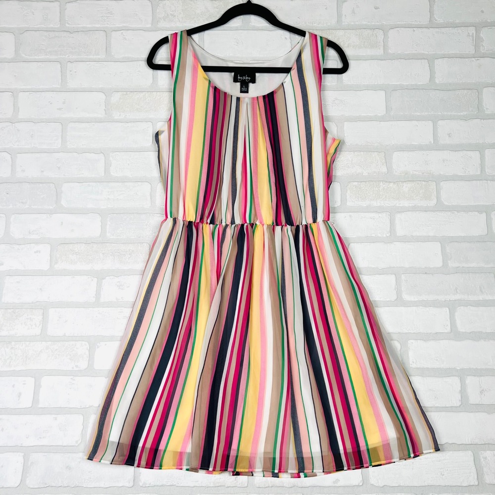 By & By Womens Large Striped Sleeveless Fit and Flare Dress Multi-Color Chiffon